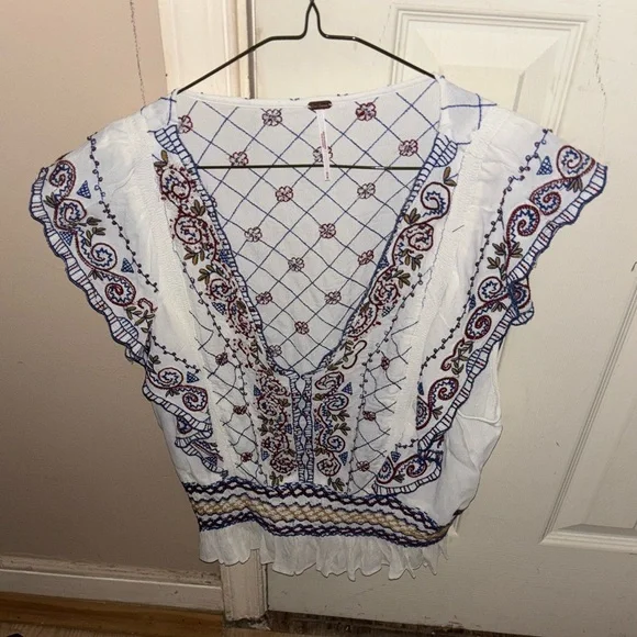 Free People New Holland Park Embroidered White and Blue Top - Picture 7 of 7